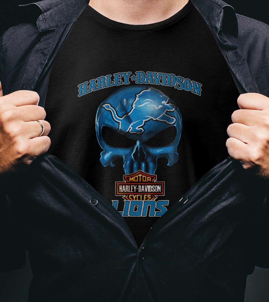 Harley Davidson Motor Cycles Lions Skull Detroit Nfl T-Shirt