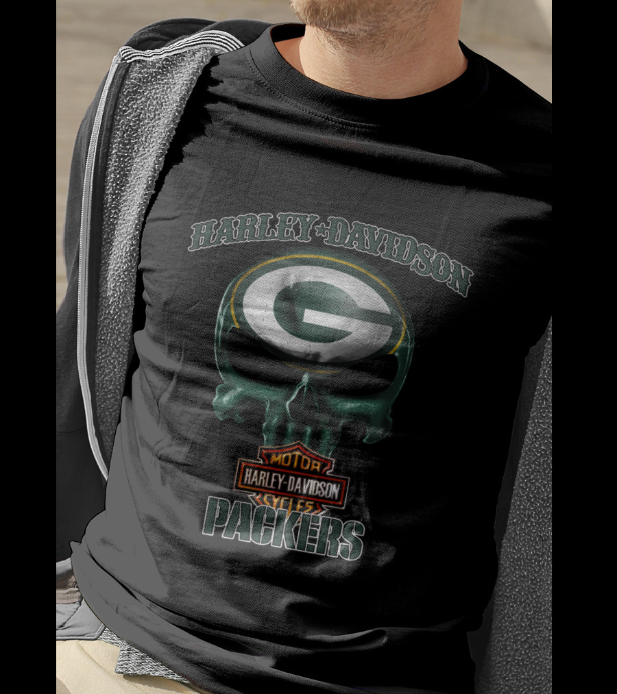 Harley Davidson Skull Green Bay Packers Nfl Motor Cycles T-Shirt