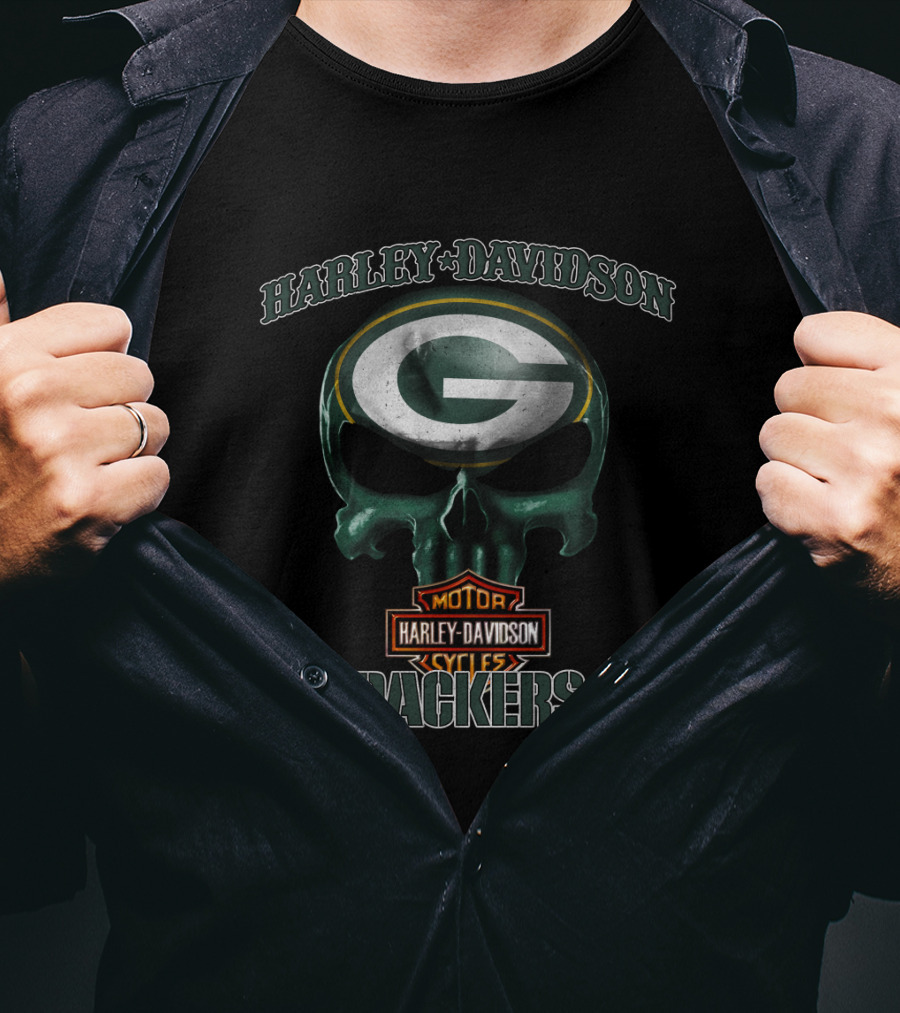 Harley Davidson Skull Green Bay Packers Nfl Motor Cycles T-Shirt