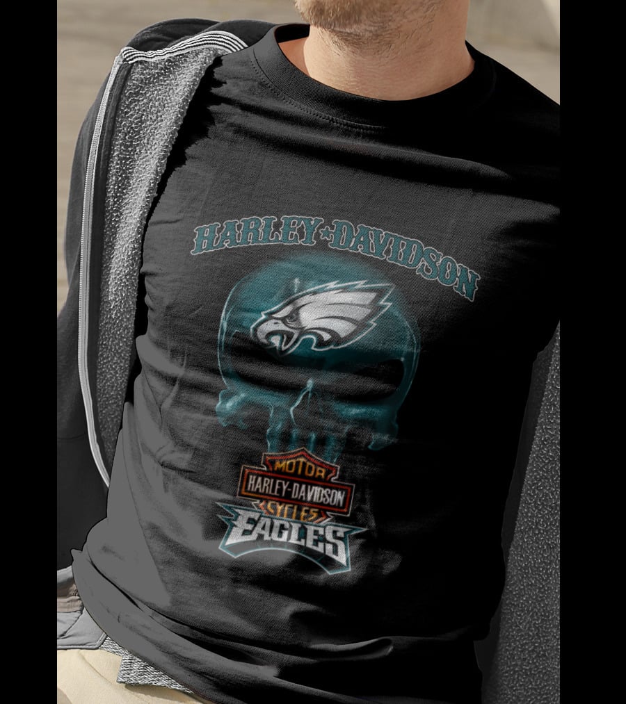 Harley Davidson Motor Cycles Skull Philadelphia Eagles T-Shirt