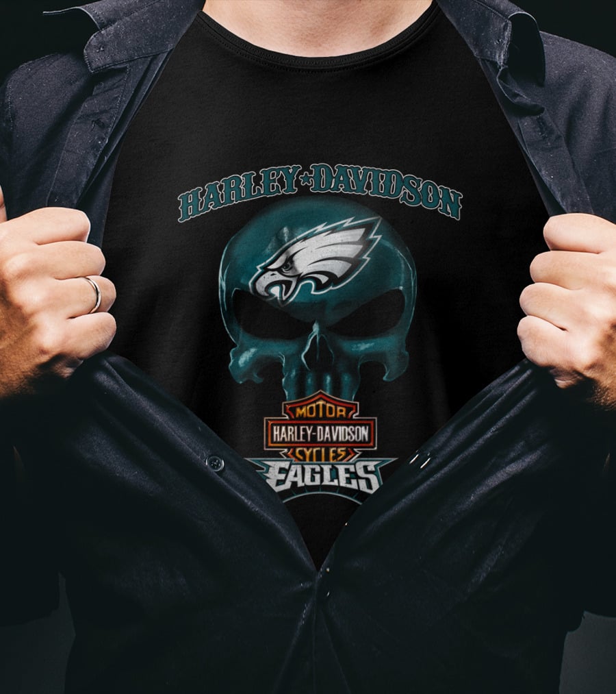 Harley Davidson Motor Cycles Skull Philadelphia Eagles T-Shirt