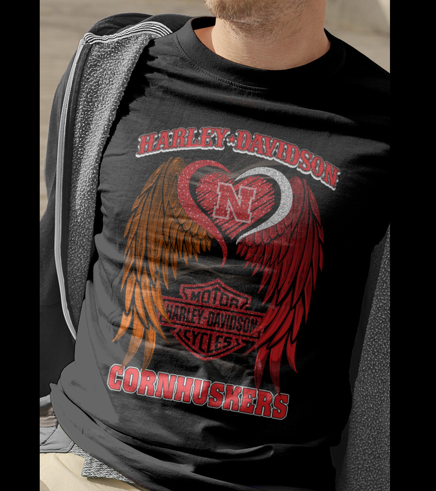 Harley Davidson Heart Wings Nebraska Cornhuskers Motorcycles T-Shirt