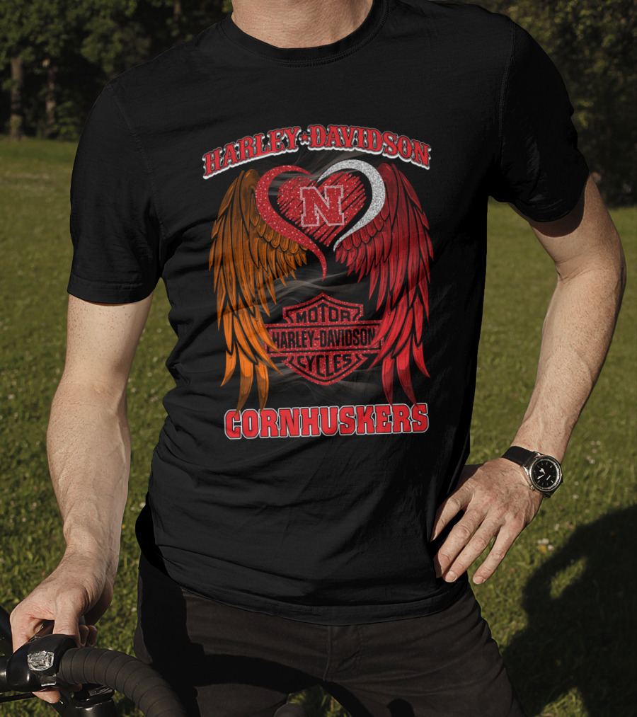 Harley Davidson Heart Wings Nebraska Cornhuskers Motorcycles T-Shirt