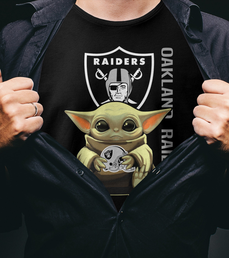 Baby Yoda Holding Oakland Raiders Helmet With Raiders Logo In Background T-Shirt