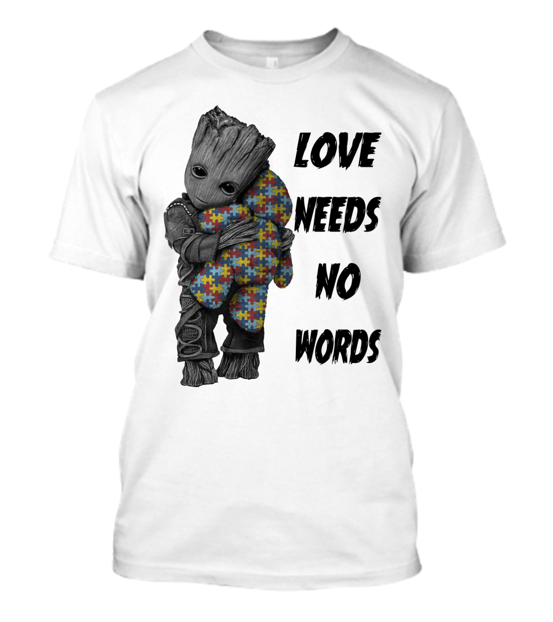 Love Needs No Words Groot Hugging Puzzle Piece Autism Awareness T-Shirt