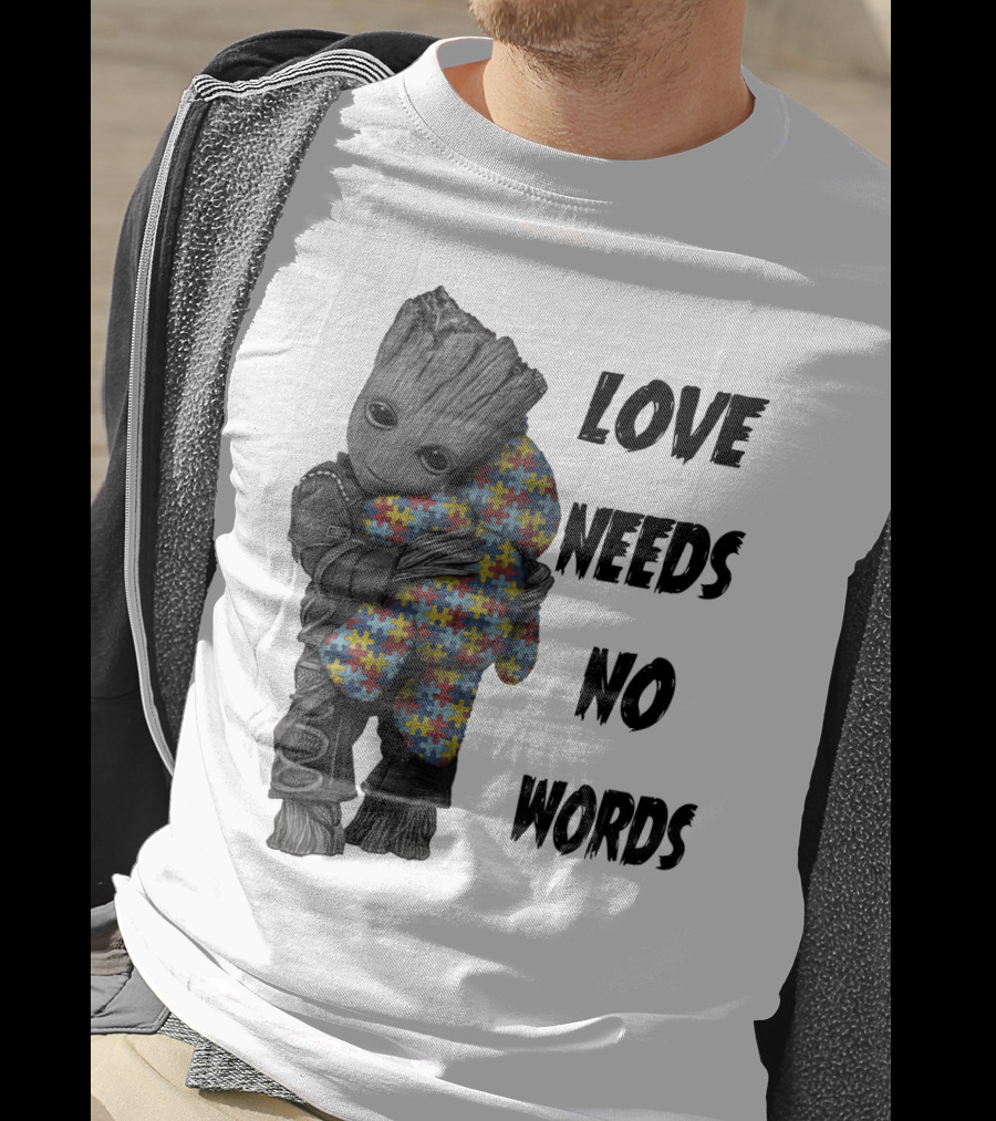 Love Needs No Words Groot Hugging Puzzle Piece Autism Awareness T-Shirt