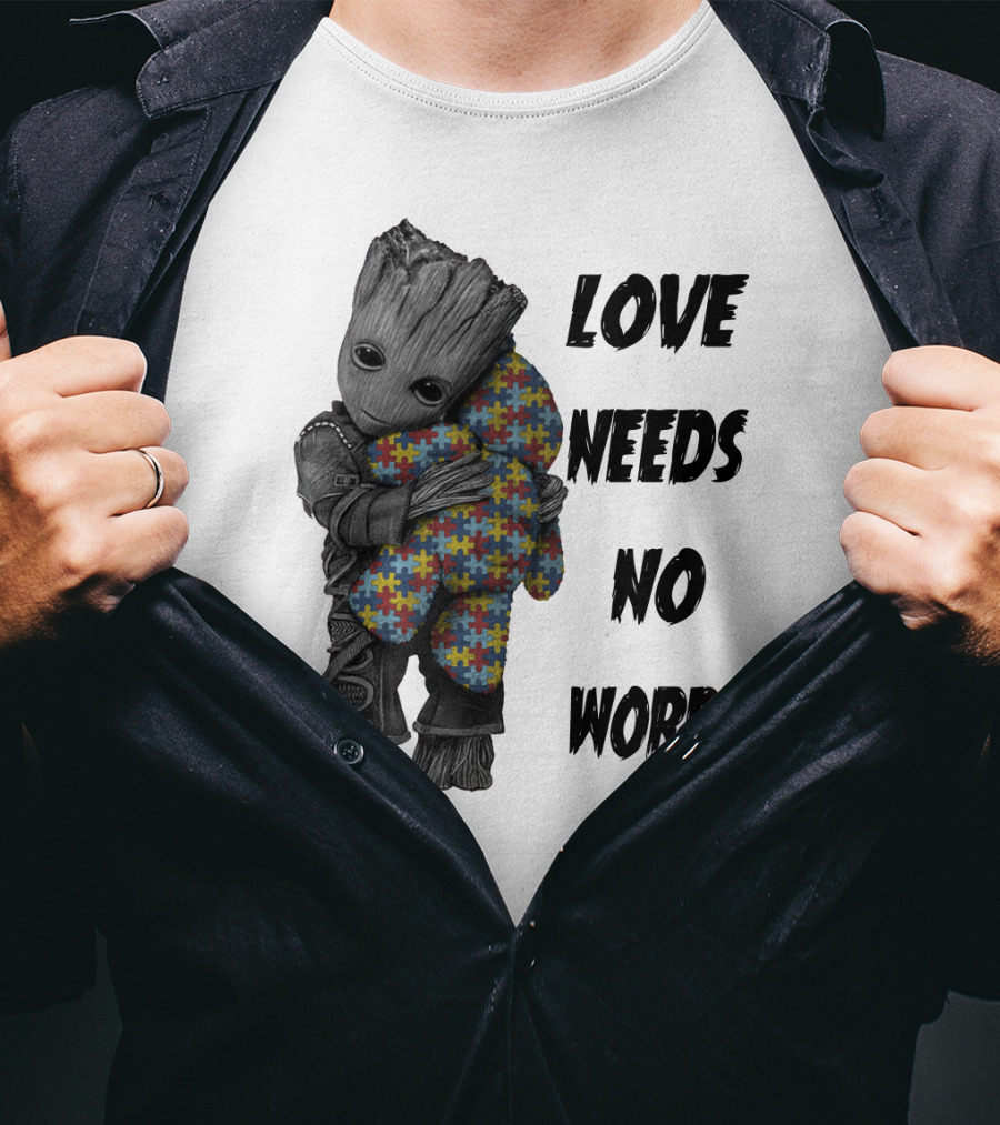 Love Needs No Words Groot Hugging Puzzle Piece Autism Awareness T-Shirt