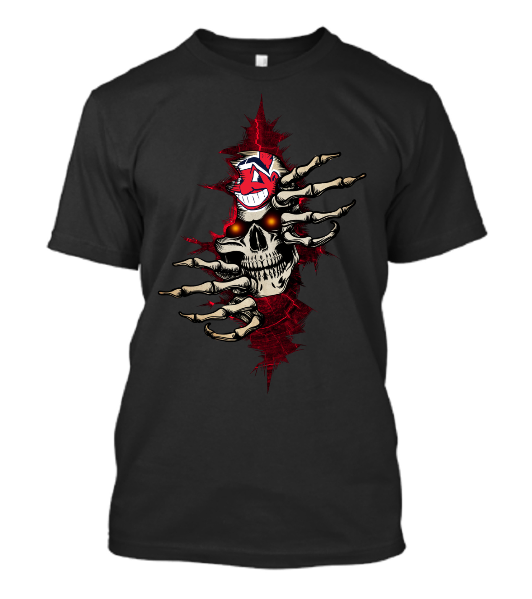 Skull Indians Chief Wahoo Red Eyes Skeletal Hands T-Shirt