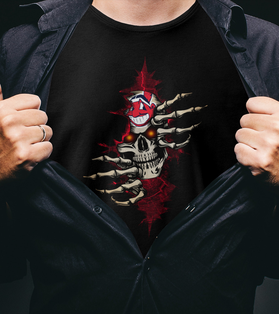 Skull Indians Chief Wahoo Red Eyes Skeletal Hands T-Shirt