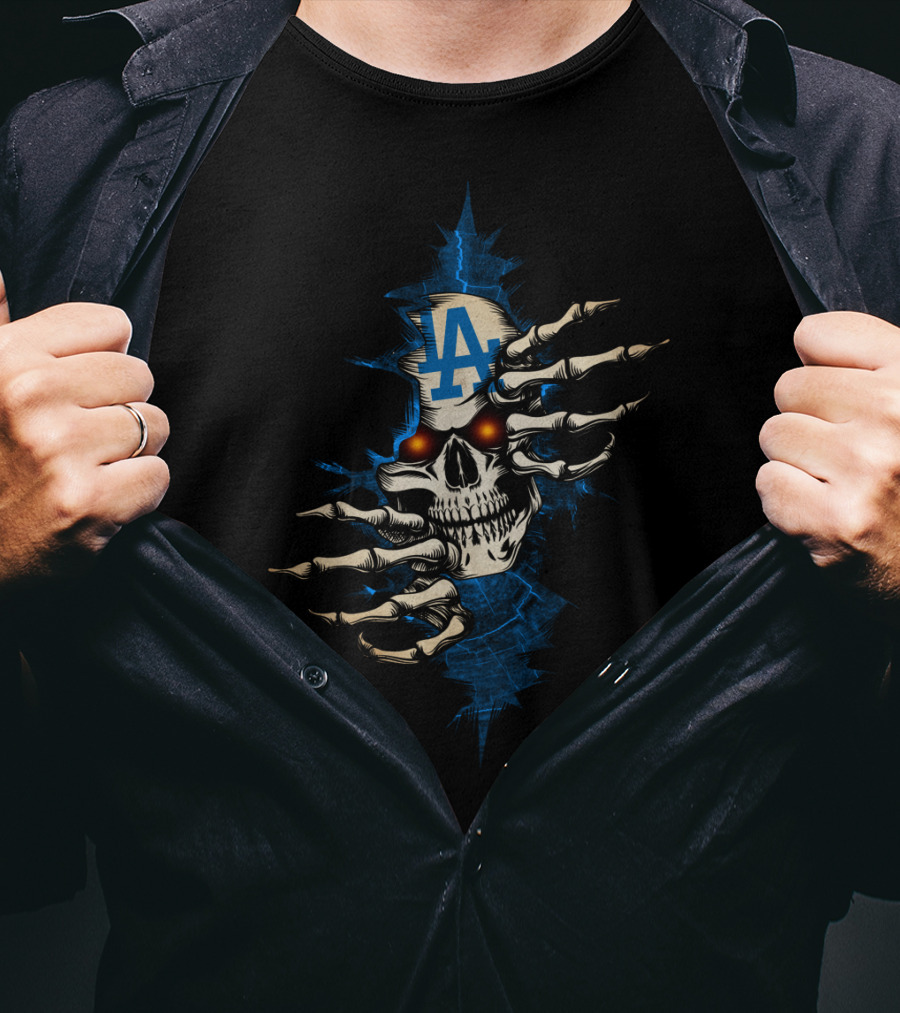 Skull LA Dodgers Logo With Skeleton Hands T-Shirt