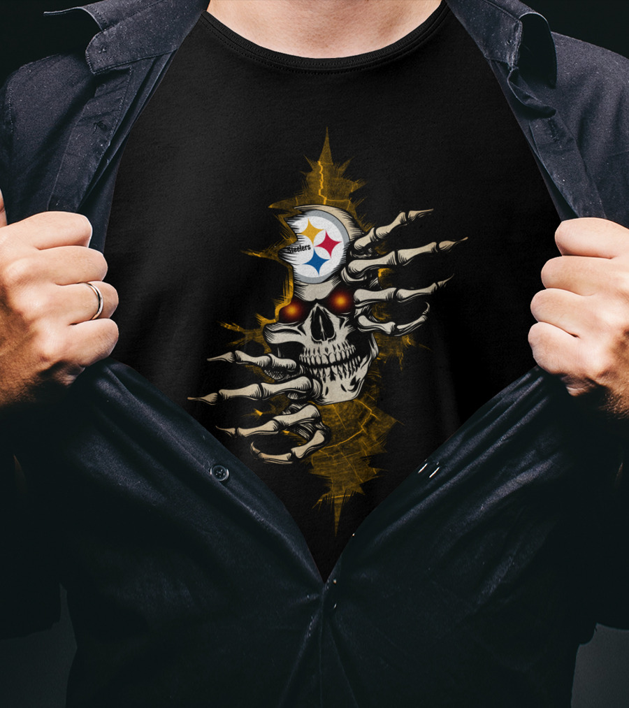 Skull Steelers Creepy Hand And NFL Team Logo Skull T-Shirt
