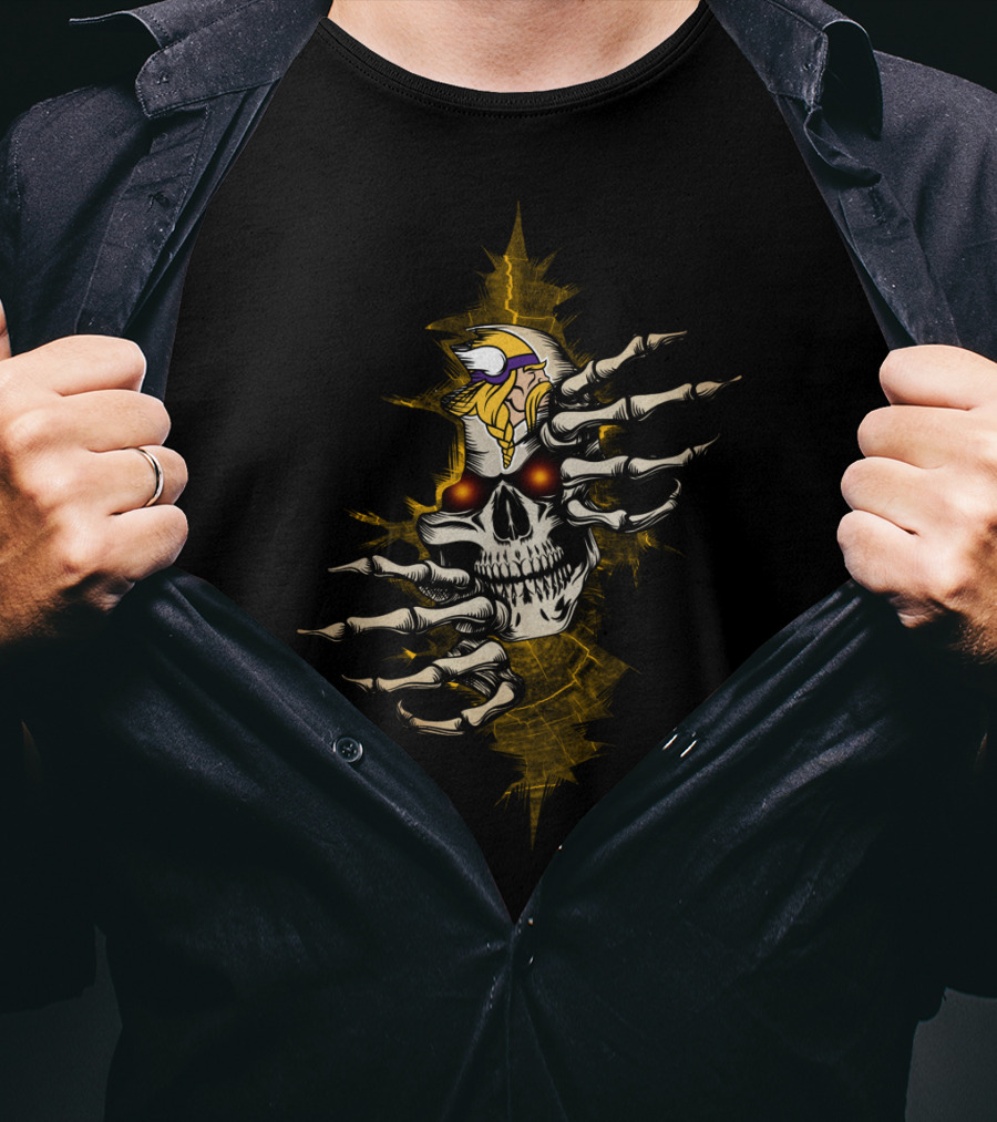 Skull Vikings Logo With Haunting Skeleton Hands T-Shirt