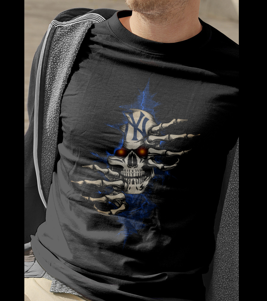 Skull Yankees NY Logo Skeleton Hands Red Eyes T-Shirt