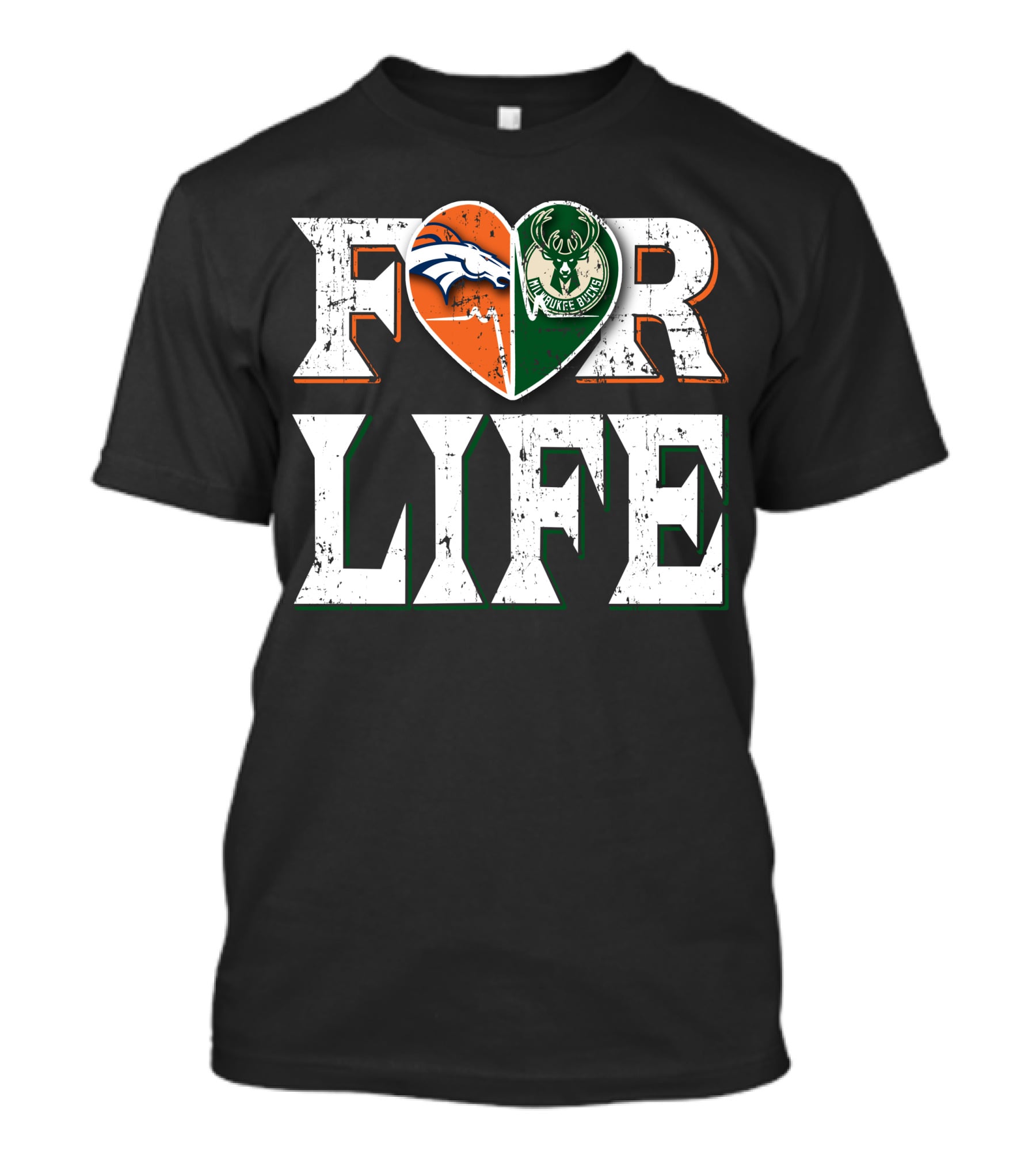 For Life Denver Broncos Milwaukee Bucks Heart Logo Fan Spirit T-Shirt