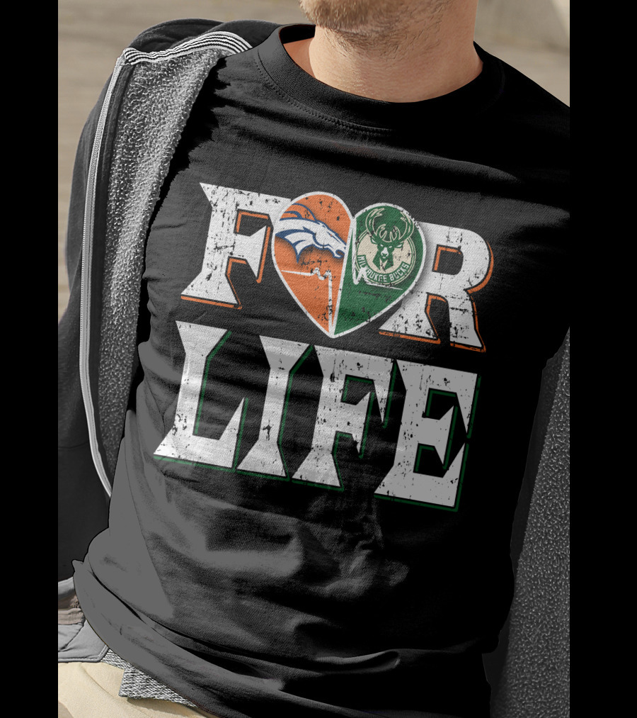 For Life Denver Broncos Milwaukee Bucks Heart Logo Fan Spirit T-Shirt
