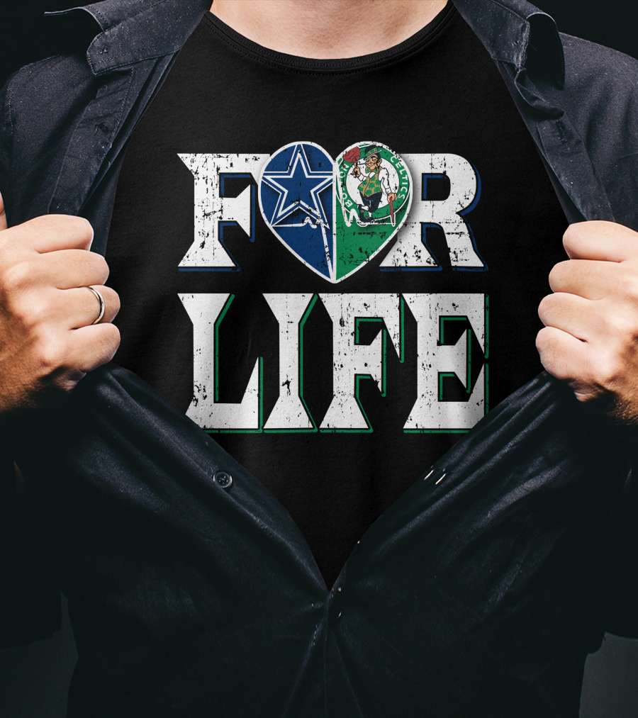 For Life Dallas Cowboys Boston Celtics Logo Heart T-Shirt