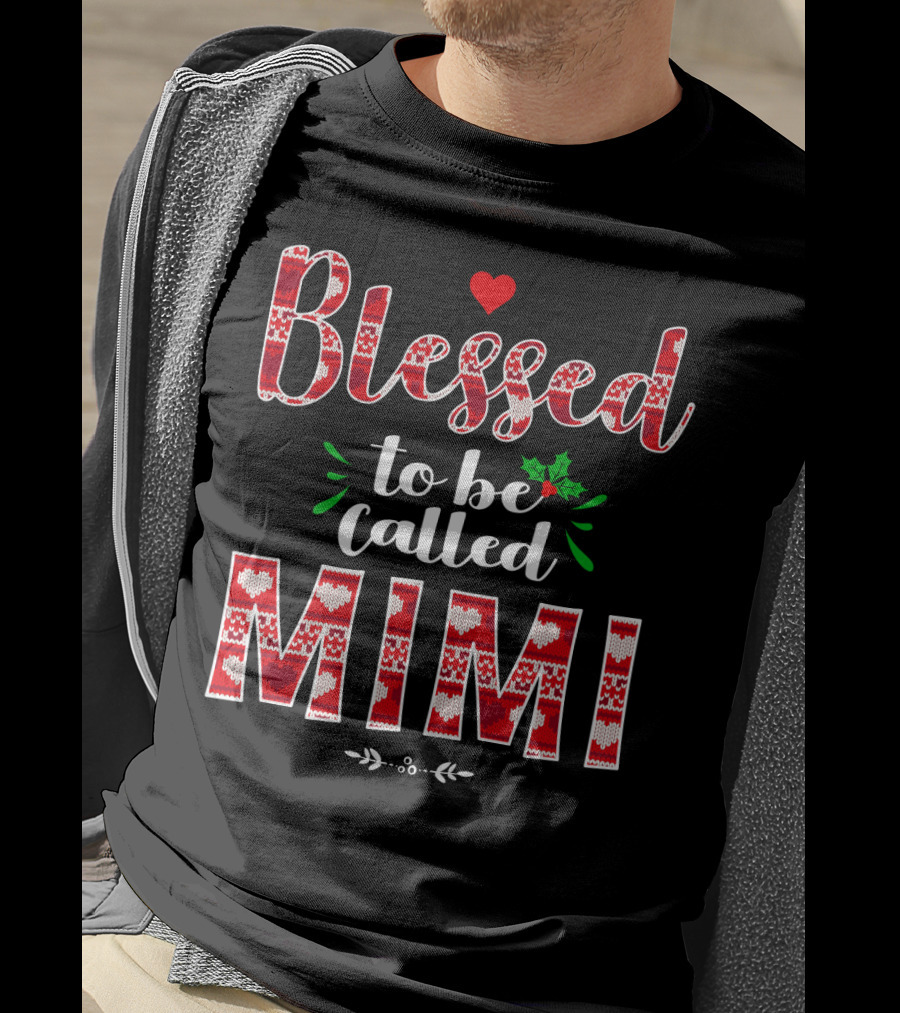 Blessed To Be Called Mimi Holiday Knit Pattern Heart And Holly T-Shirt