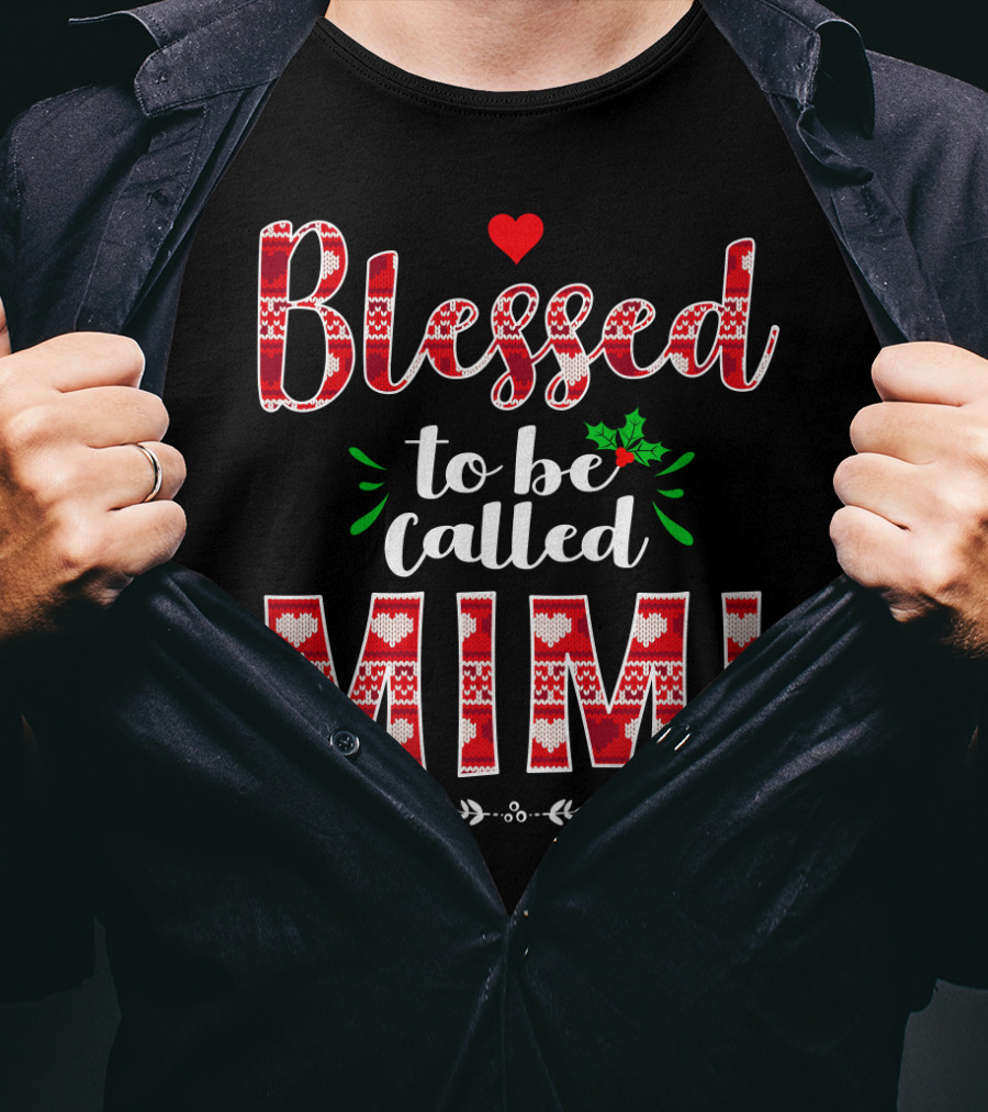 Blessed To Be Called Mimi Holiday Knit Pattern Heart And Holly T-Shirt