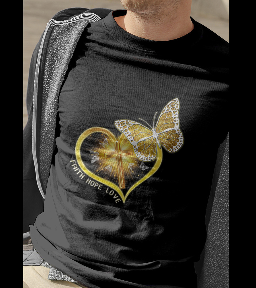 Faith Hope Love Butterfly Heart Christian Cross Jesus T-Shirt