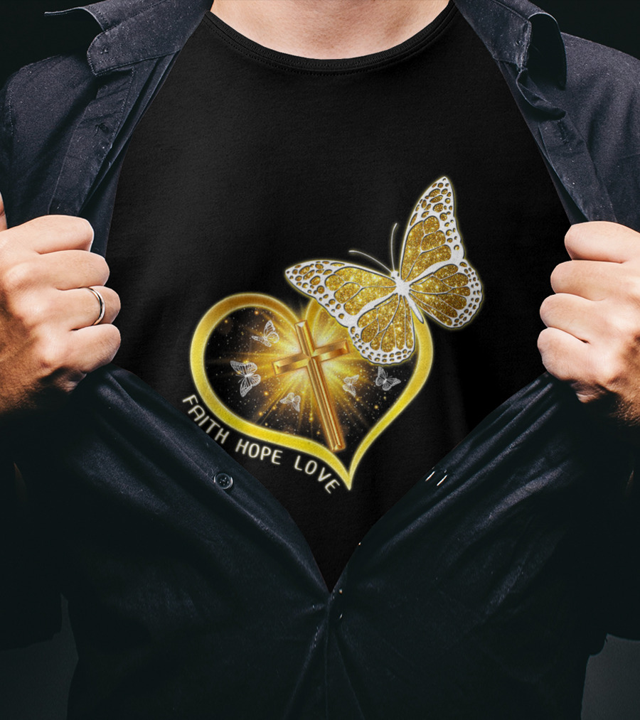 Faith Hope Love Butterfly Heart Christian Cross Jesus T-Shirt