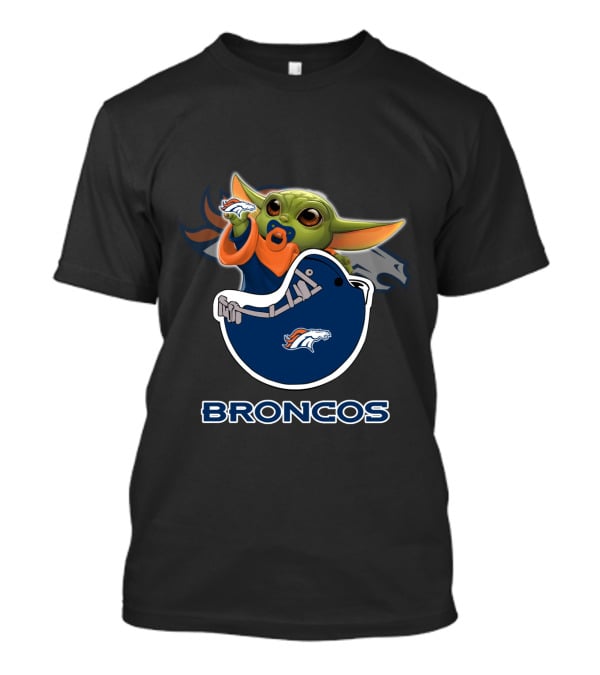 Broncos Baby Yoda Holding Football Toy With Denver Broncos T-Shirt