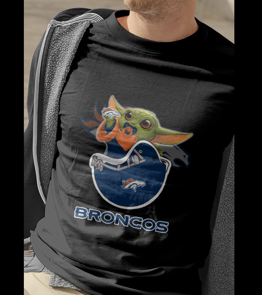 Broncos Baby Yoda Holding Football Toy With Denver Broncos T-Shirt