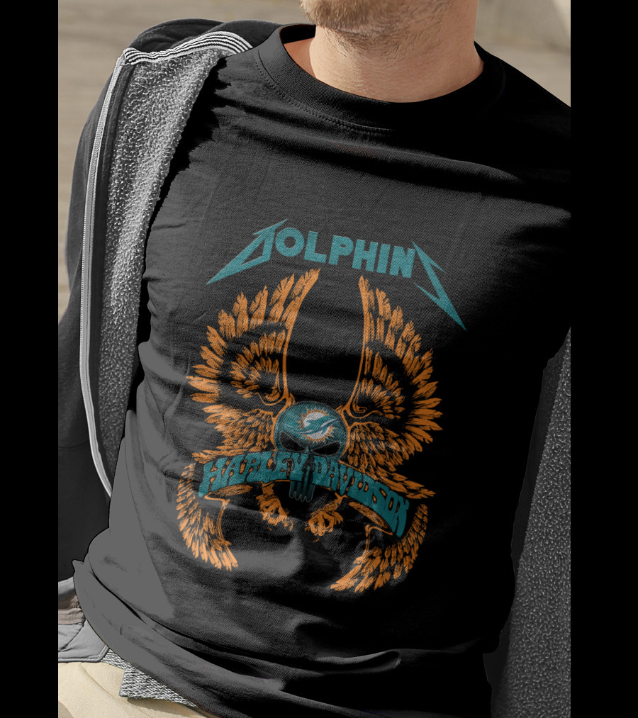 Miami Dolphins Harley Davidson Nfl Collaboration Wings Skull T-Shirt