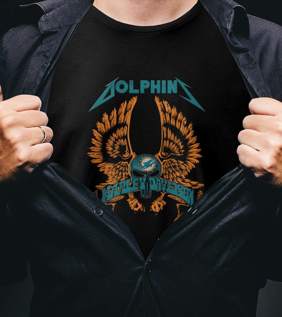 Miami Dolphins Harley Davidson Nfl Collaboration Wings Skull T-Shirt