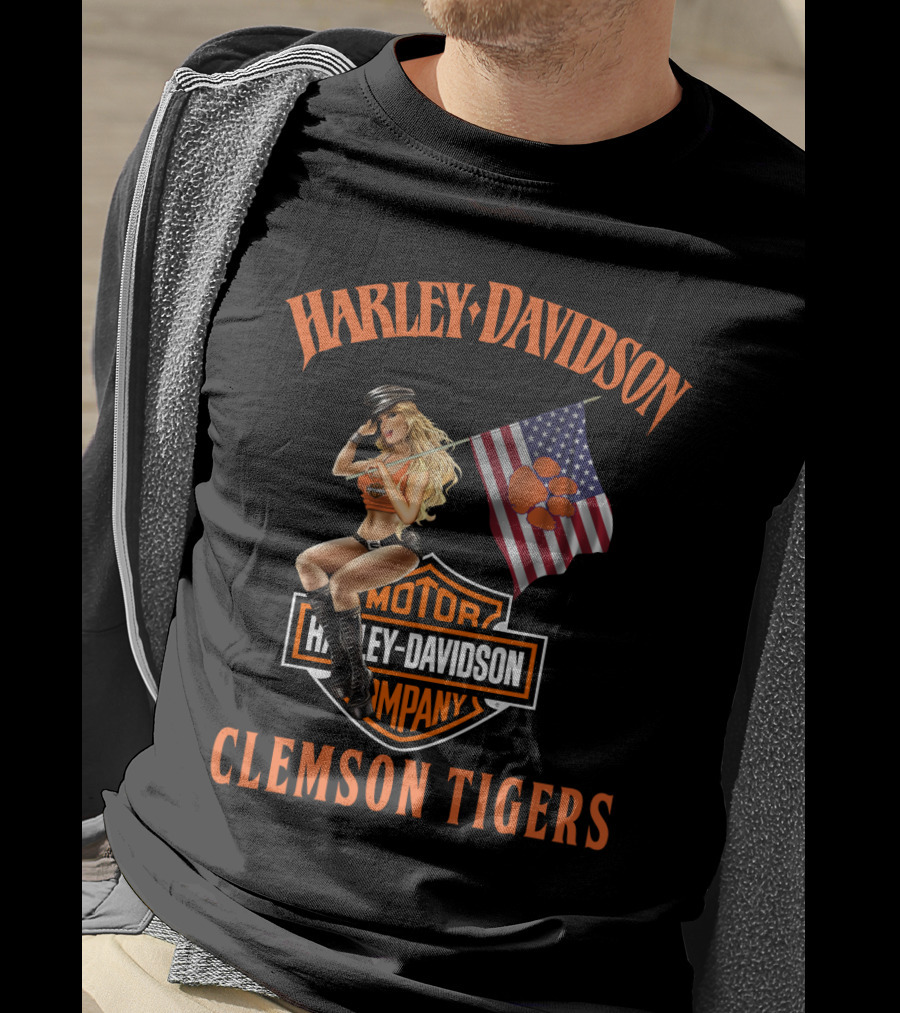Harley Davidson Clemson Tigers American Flag Pin-Up Model T-Shirt