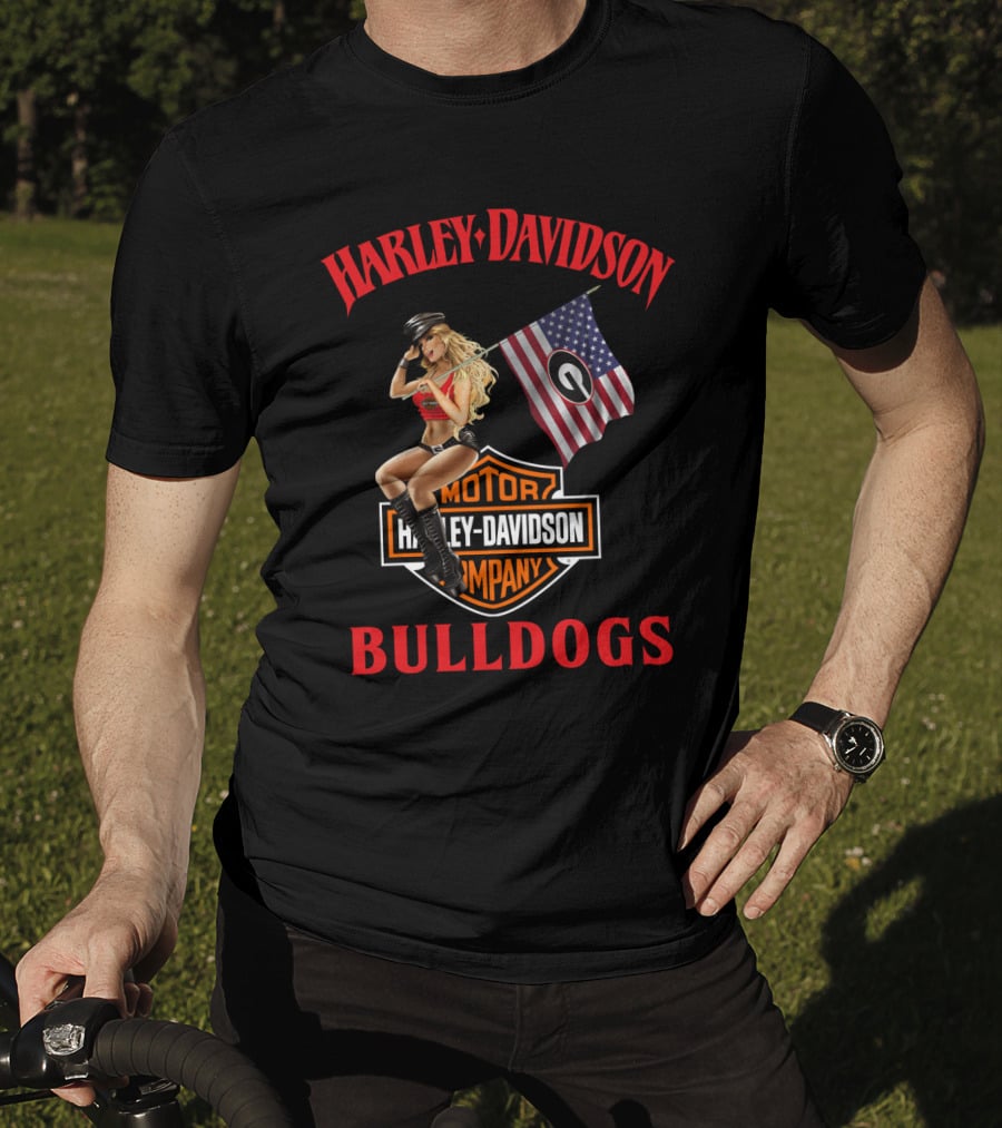 Harley Davidson Motor Company Bulldogs American Flag Girl T-Shirt