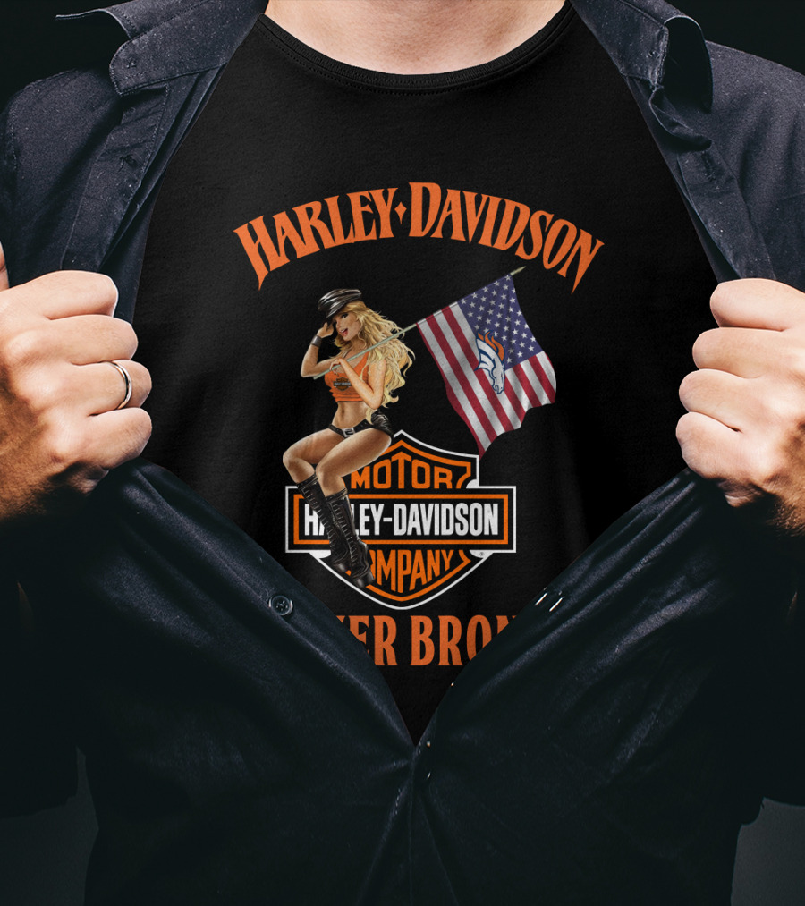 Harley Davidson Denver Broncos Nfl Flag And Pin-Up Girl T-Shirt