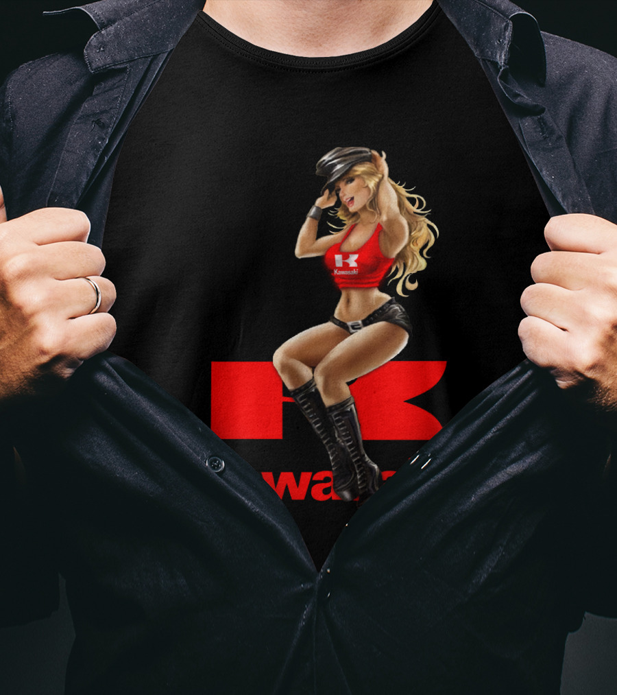 Kawasaki Girl In Red And Black Outfit With Cap And Boots T-Shirt