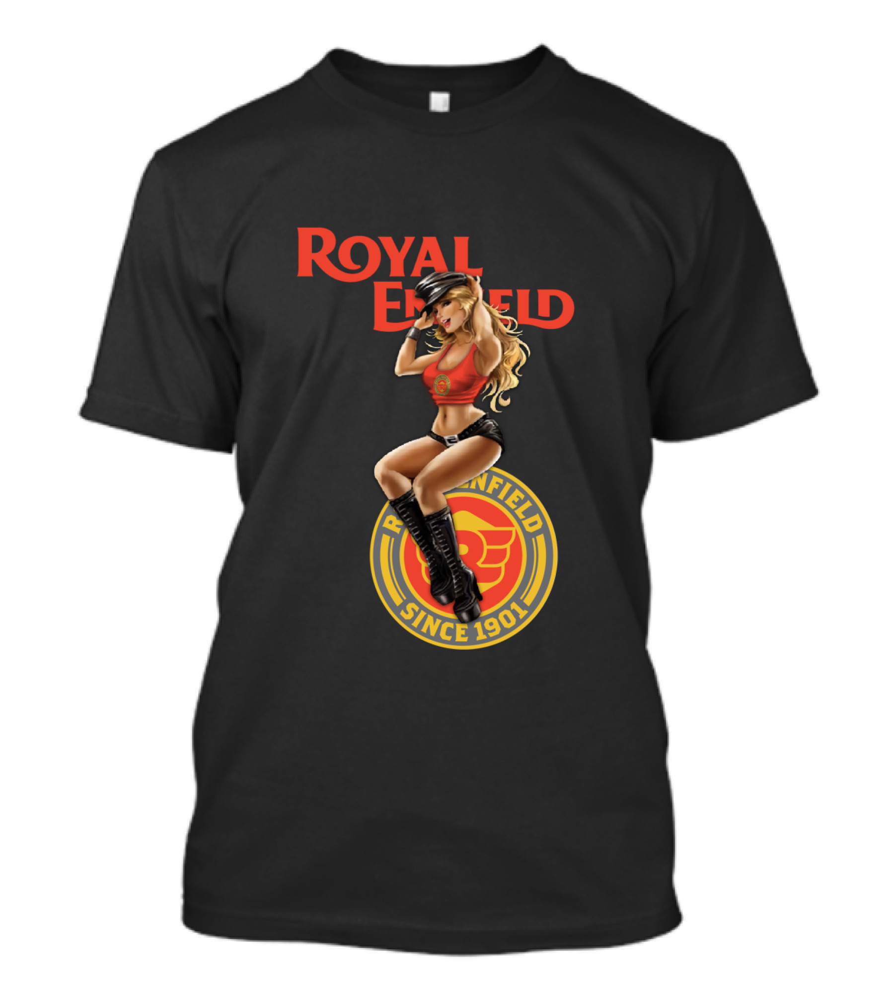 Royal Enfield Since 1901 With Pin-Up Girl In Red Top T-Shirt