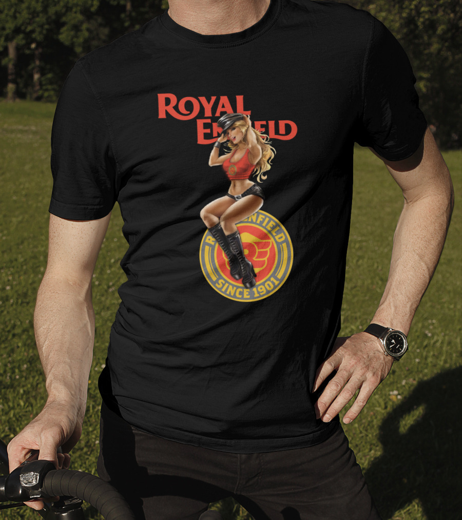 Royal Enfield Since 1901 With Pin-Up Girl In Red Top T-Shirt