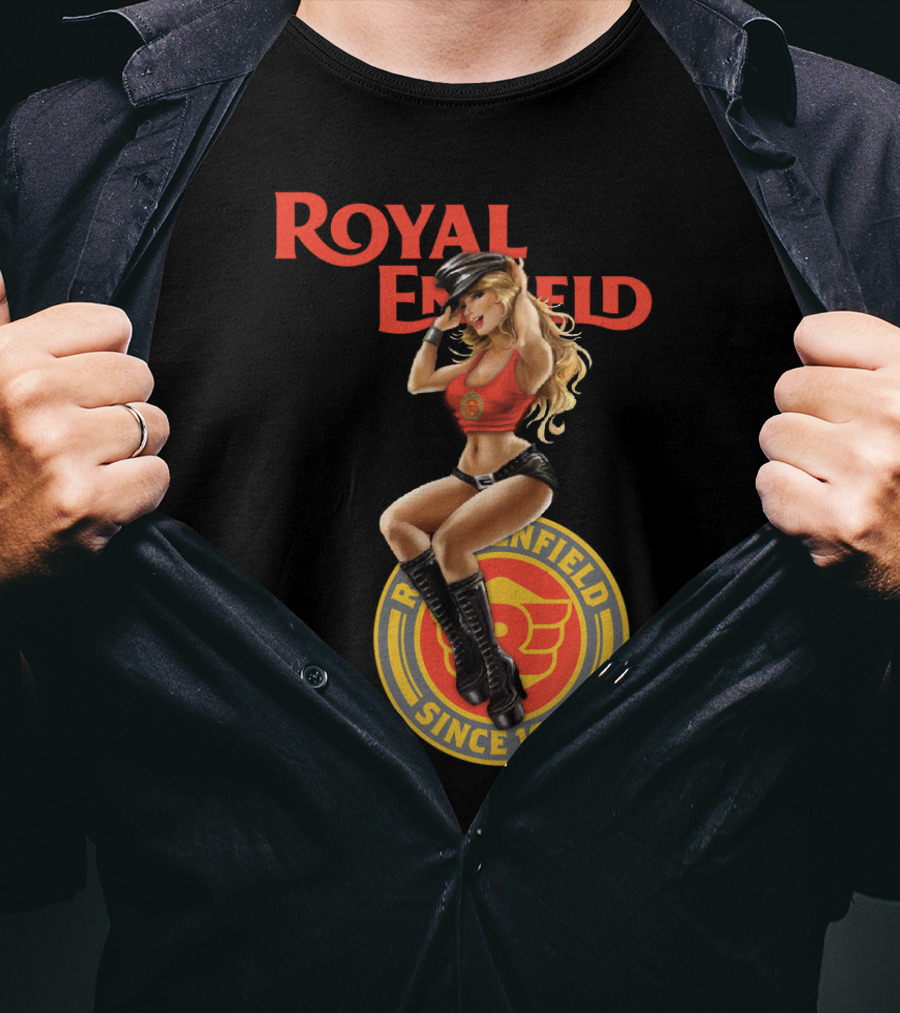 Royal Enfield Since 1901 With Pin-Up Girl In Red Top T-Shirt