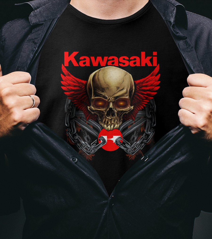 Kawasaki Red Winged Skull And Chains T-Shirt