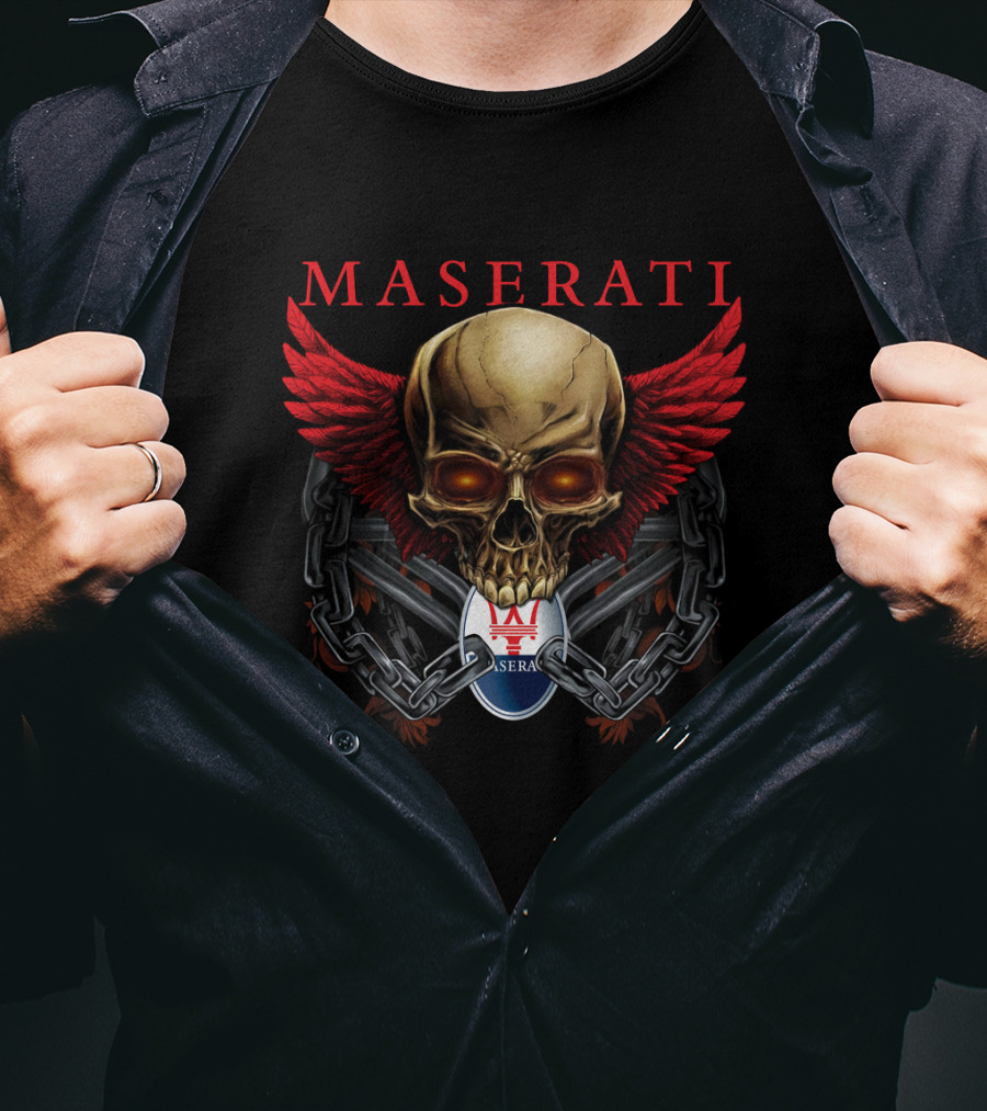Maserati Skull With Red Wings And Chains T-Shirt