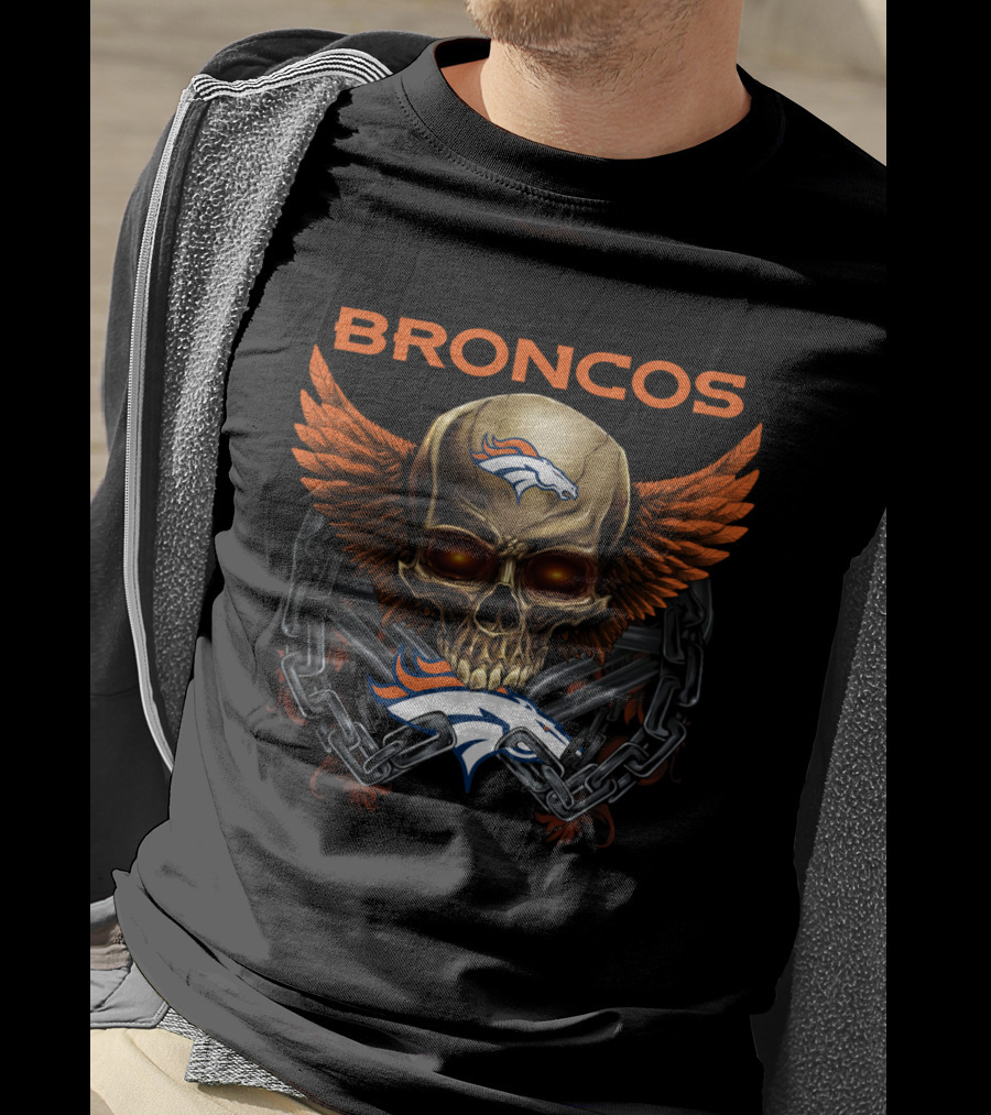 Broncos Skull Winged Logo With Chain And Horsehead T-Shirt