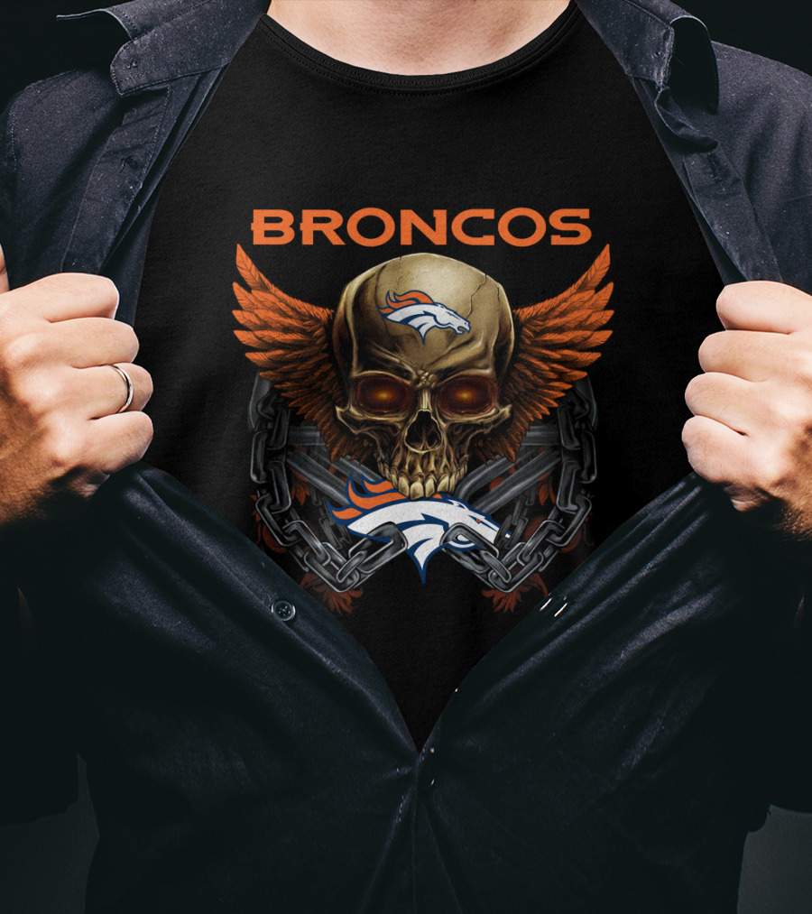 Broncos Skull Winged Logo With Chain And Horsehead T-Shirt