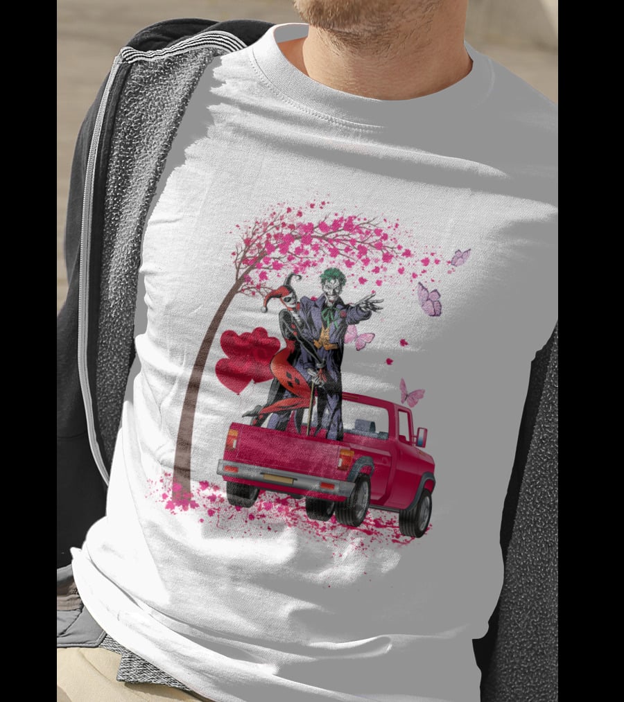 Harley Quinn And Joker Standing On Red Truck With Hearts And Butterflies T-Shirt
