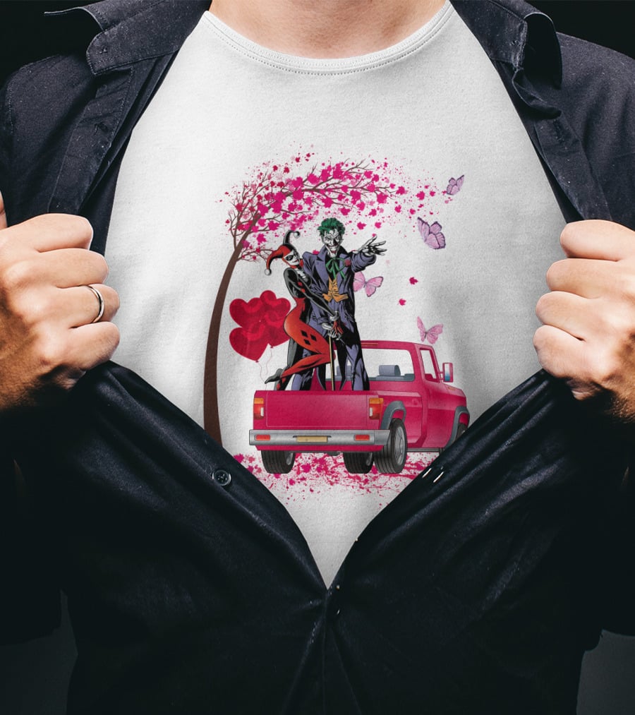 Harley Quinn And Joker Standing On Red Truck With Hearts And Butterflies T-Shirt