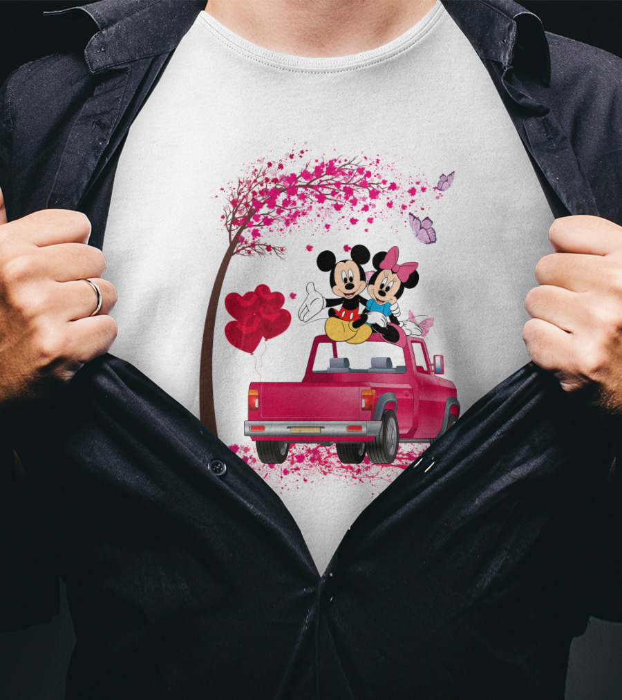 Mickey Minnie Mouse Red Truck Pink Heart Balloons T-Shirt