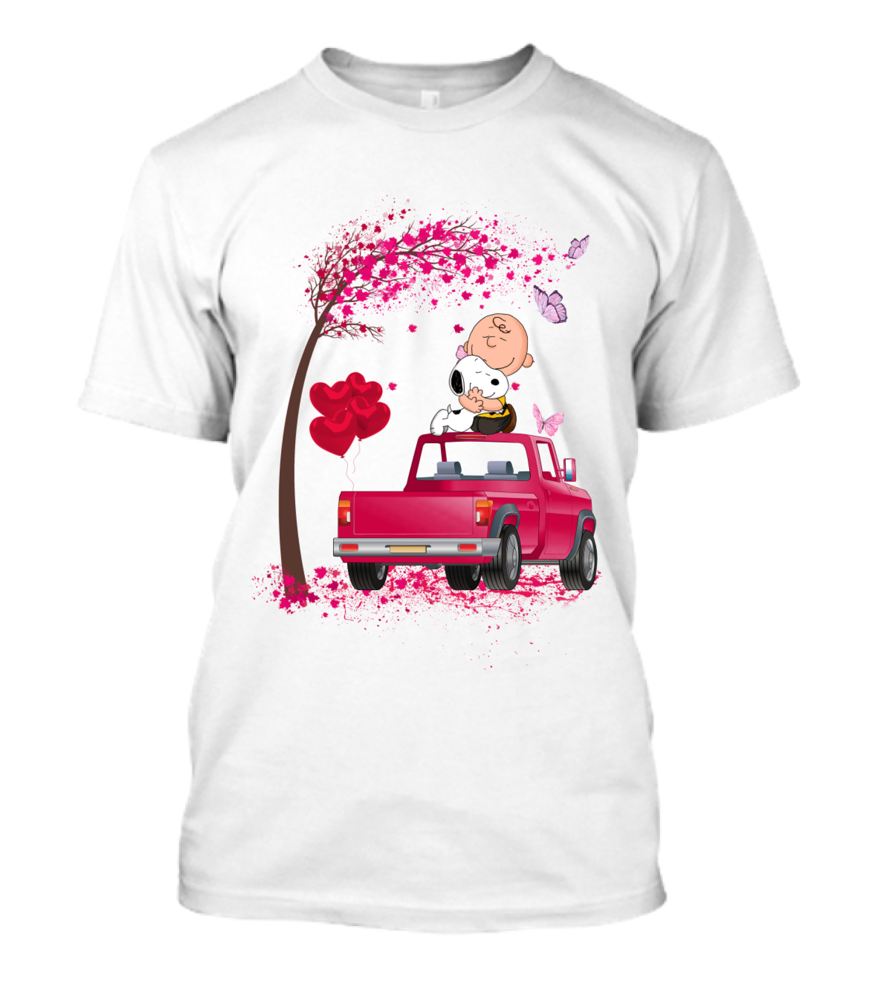 Snoopy Charlie Brown Red Truck Hearts Butterflies Tree T-Shirt