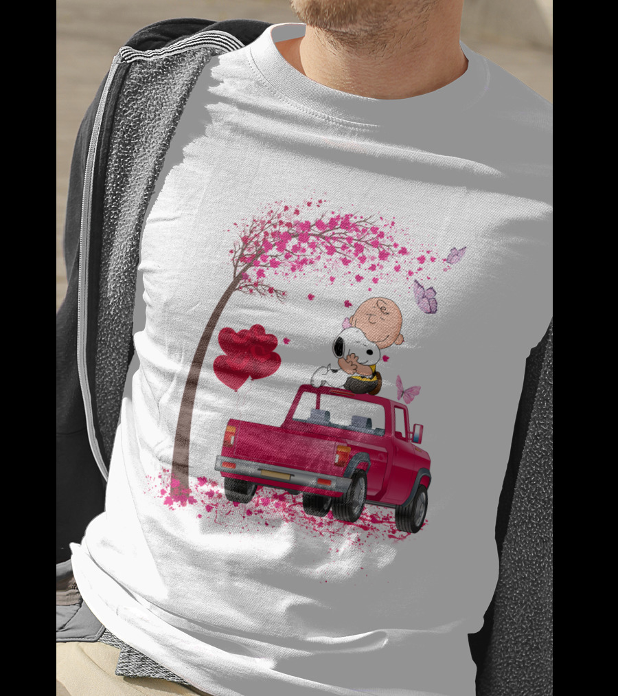 Snoopy Charlie Brown Red Truck Hearts Butterflies Tree T-Shirt