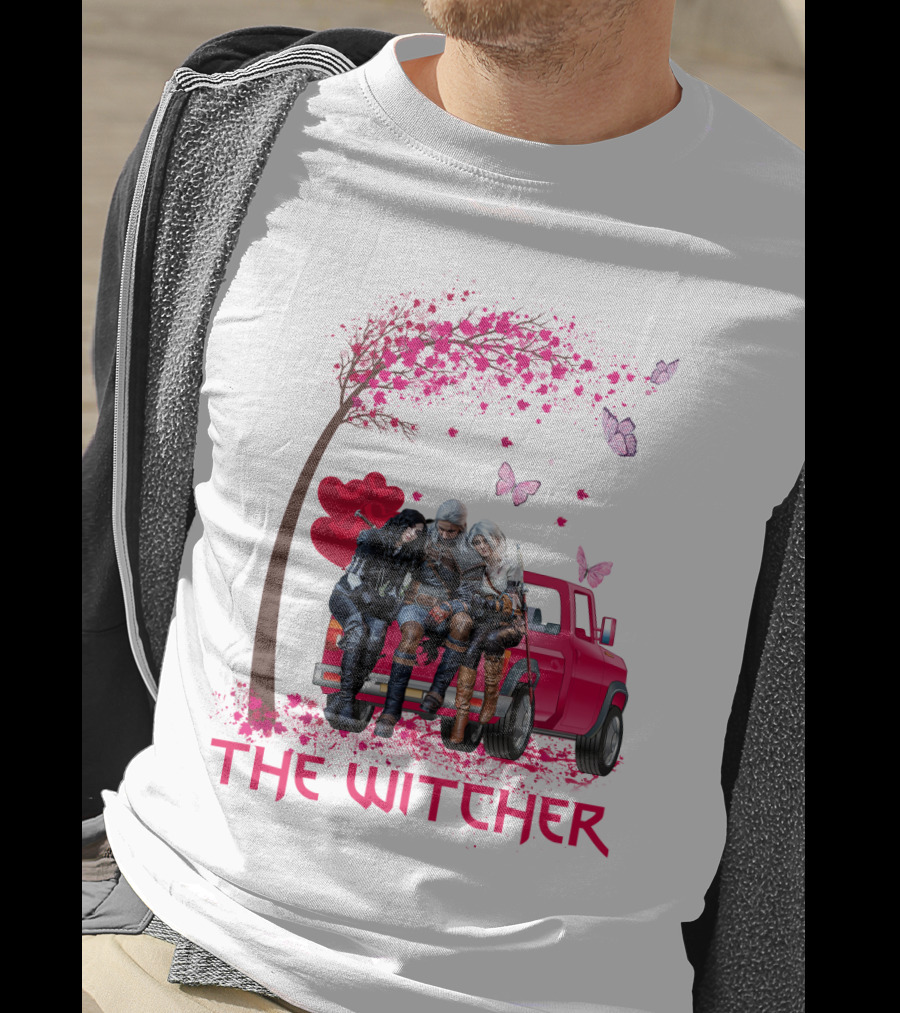 The Witcher Geralt Yennefer Ciri Pink Truck Hearts Butterflies Tree T-Shirt