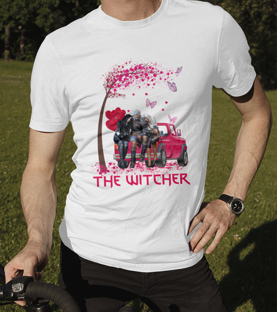 The Witcher Geralt Yennefer Ciri Pink Truck Hearts Butterflies Tree T-Shirt