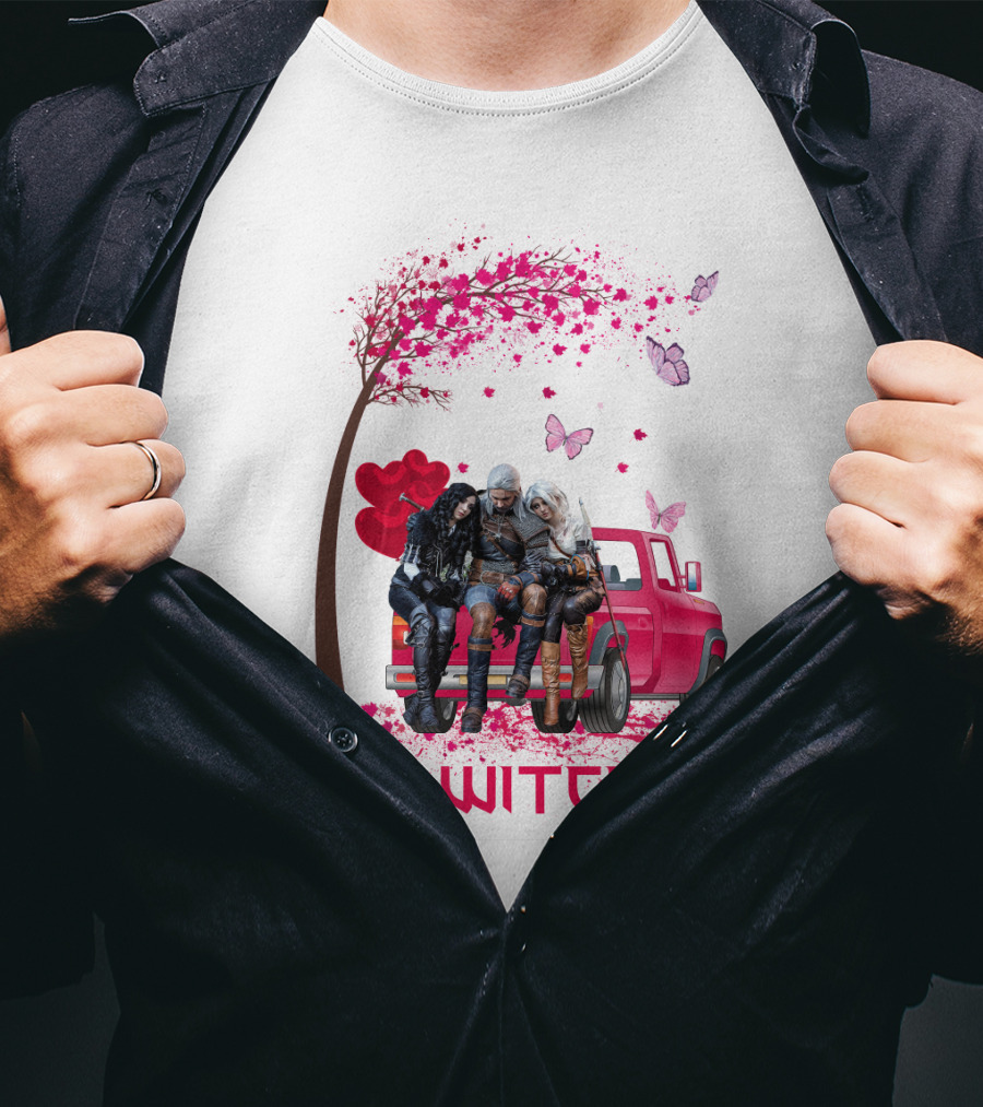 The Witcher Geralt Yennefer Ciri Pink Truck Hearts Butterflies Tree T-Shirt