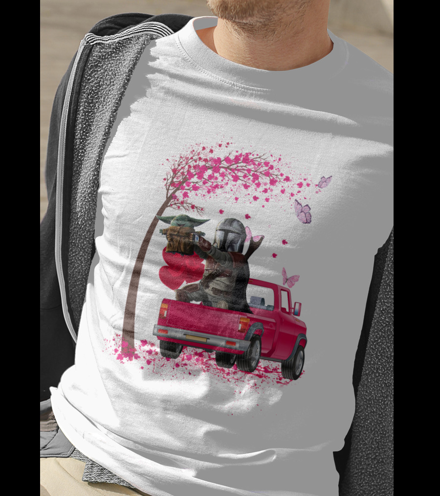The Mandalorian With Yoda In Pink Truck Valentine Theme T-Shirt