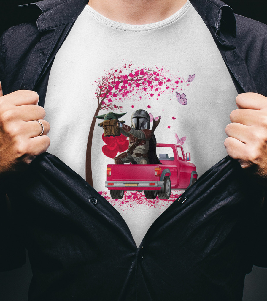 The Mandalorian With Yoda In Pink Truck Valentine Theme T-Shirt