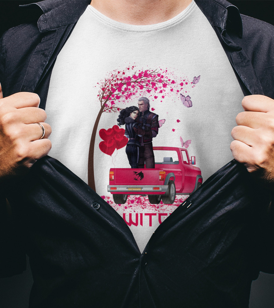 The Witcher Romantic Scene With Hearts And Butterflies T-Shirt